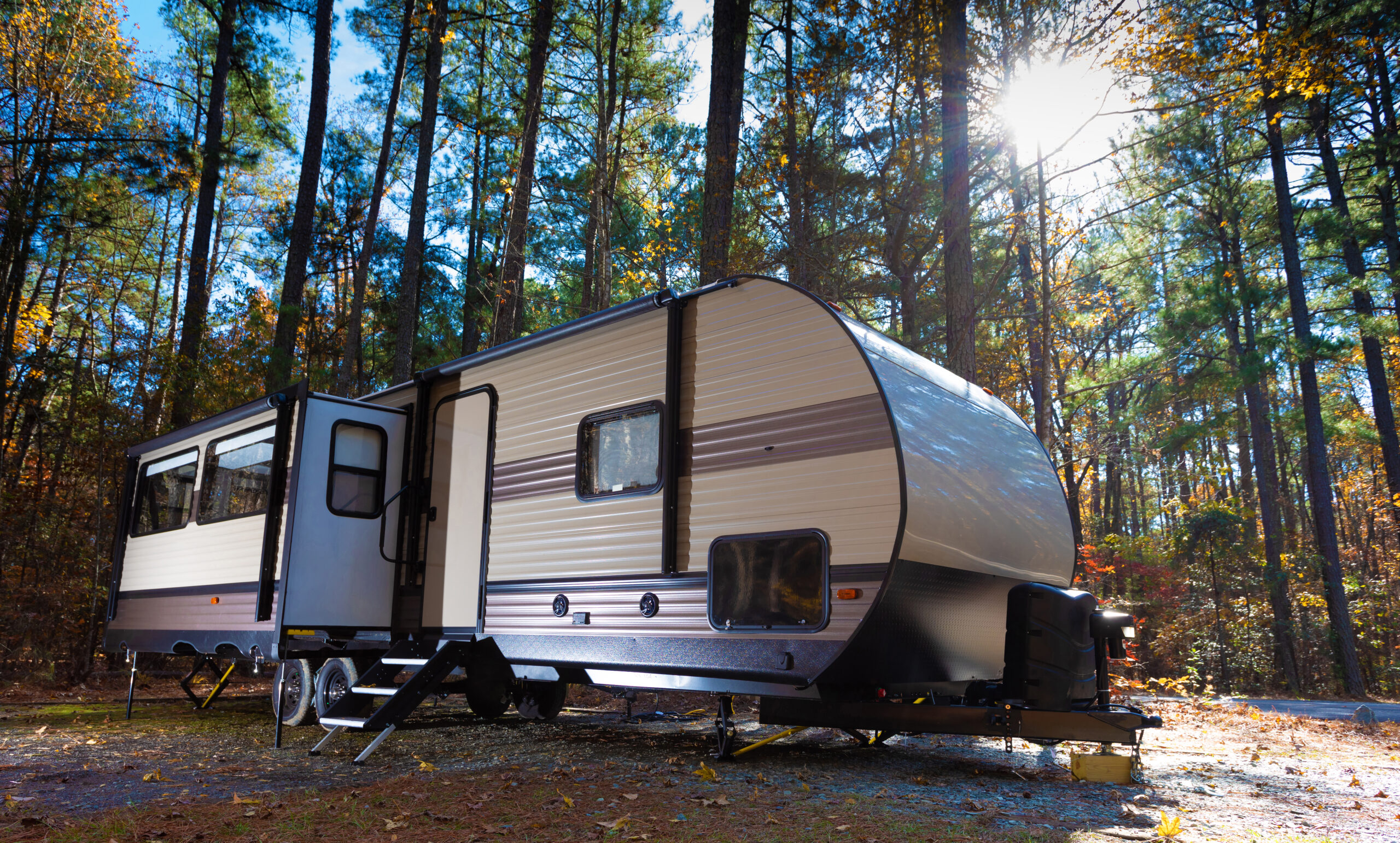 Mid day at a travel trailer campsite in autumn at Jordan Lake NC